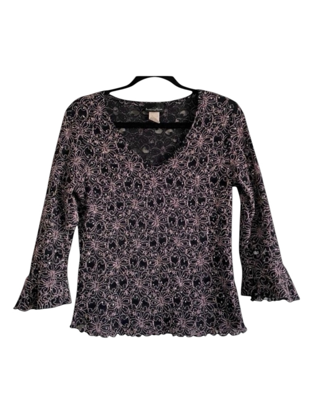 Vintage Brittany Black Mesh Lace Embroidered Top Pink Black M
